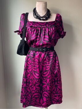 100% Silk Vintage Y2K Shift Babydoll Dress Fucshia Print
